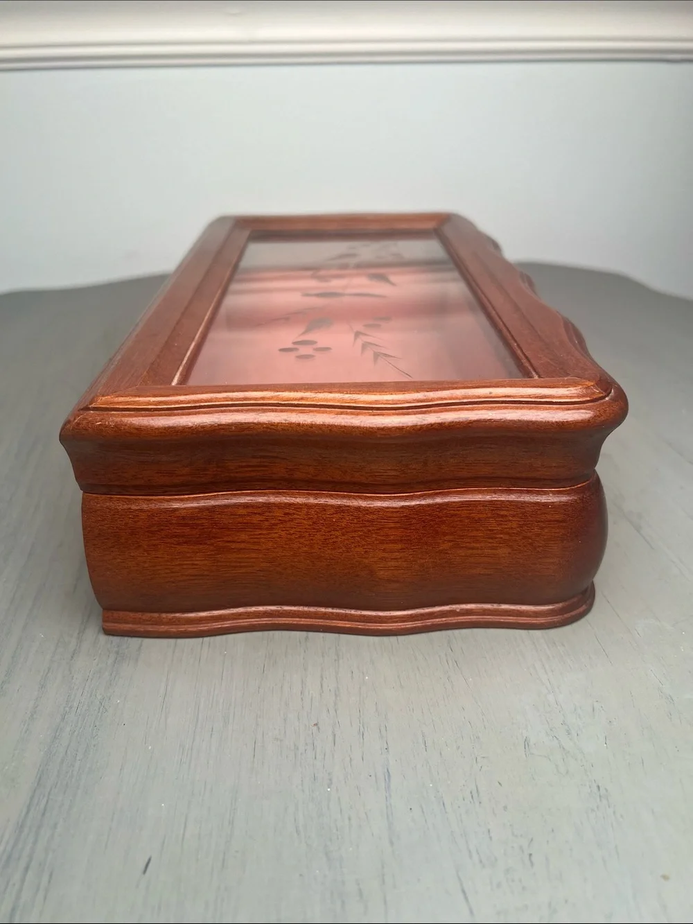 Vintage walnut etched glass jewelry/watch/treasure box. Beautiful curved lines.